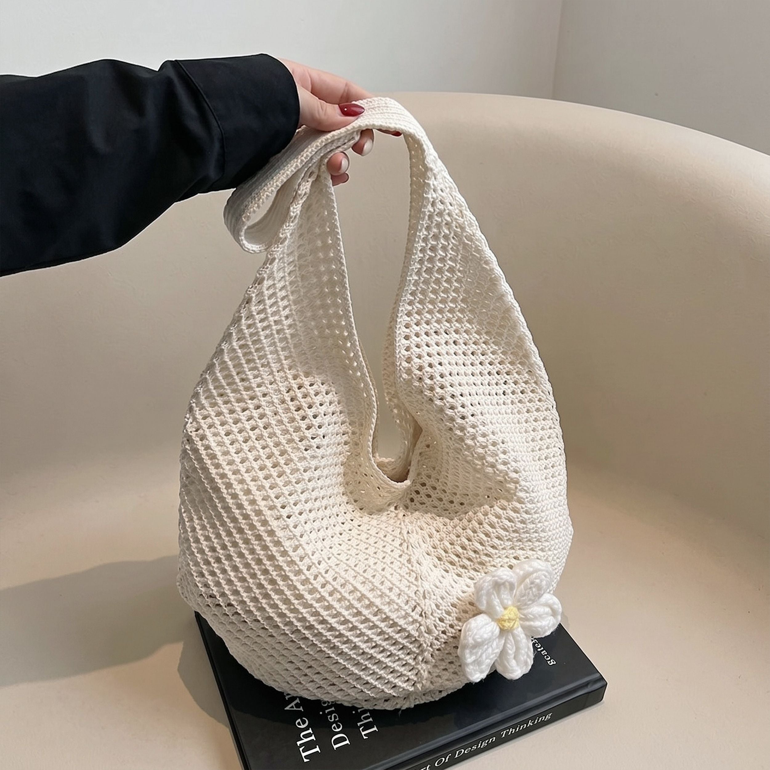 Woven Crochet Hobo Shoulder Bag Lightweight Knit Slouchy Tote with Flower Detail