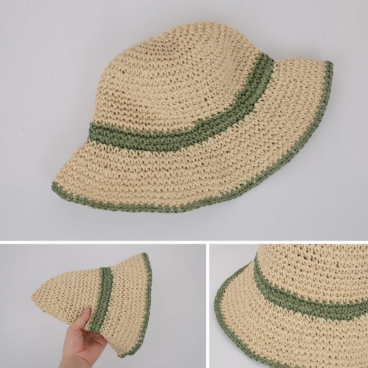Anna-Kaci Packable Crochet Straw Bucket Hat with Two-Tone Design Lightweight Summer Sun Hat for Beach Travel Hiking Outdoor Use
