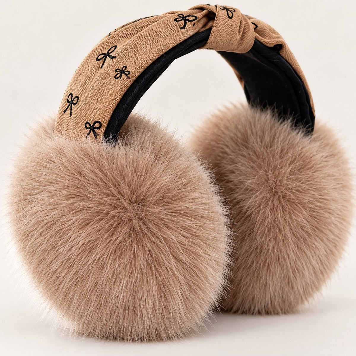 Plush Foldable Winter Earmuffs with Bow Print Knotted Headband