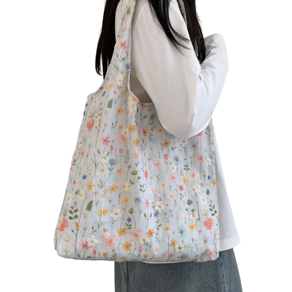 Embroidered Floral Tote Bag for Women, Lightweight Canvas Shoulder Bag for Everyday Use