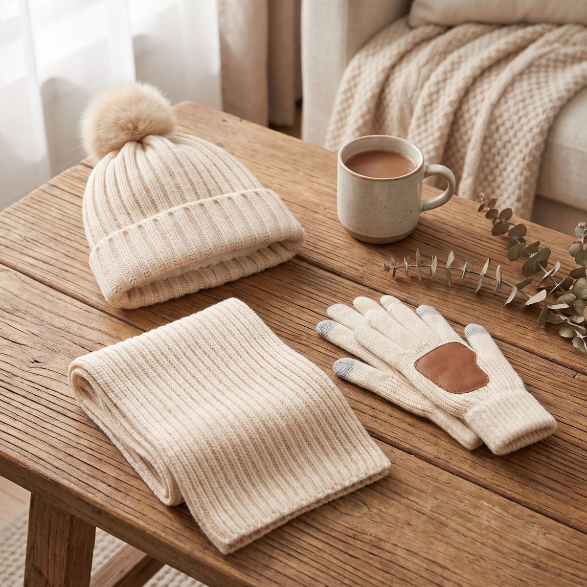 3 Piece Pom Beanie Scarf and Touchscreen Gloves Winter Set