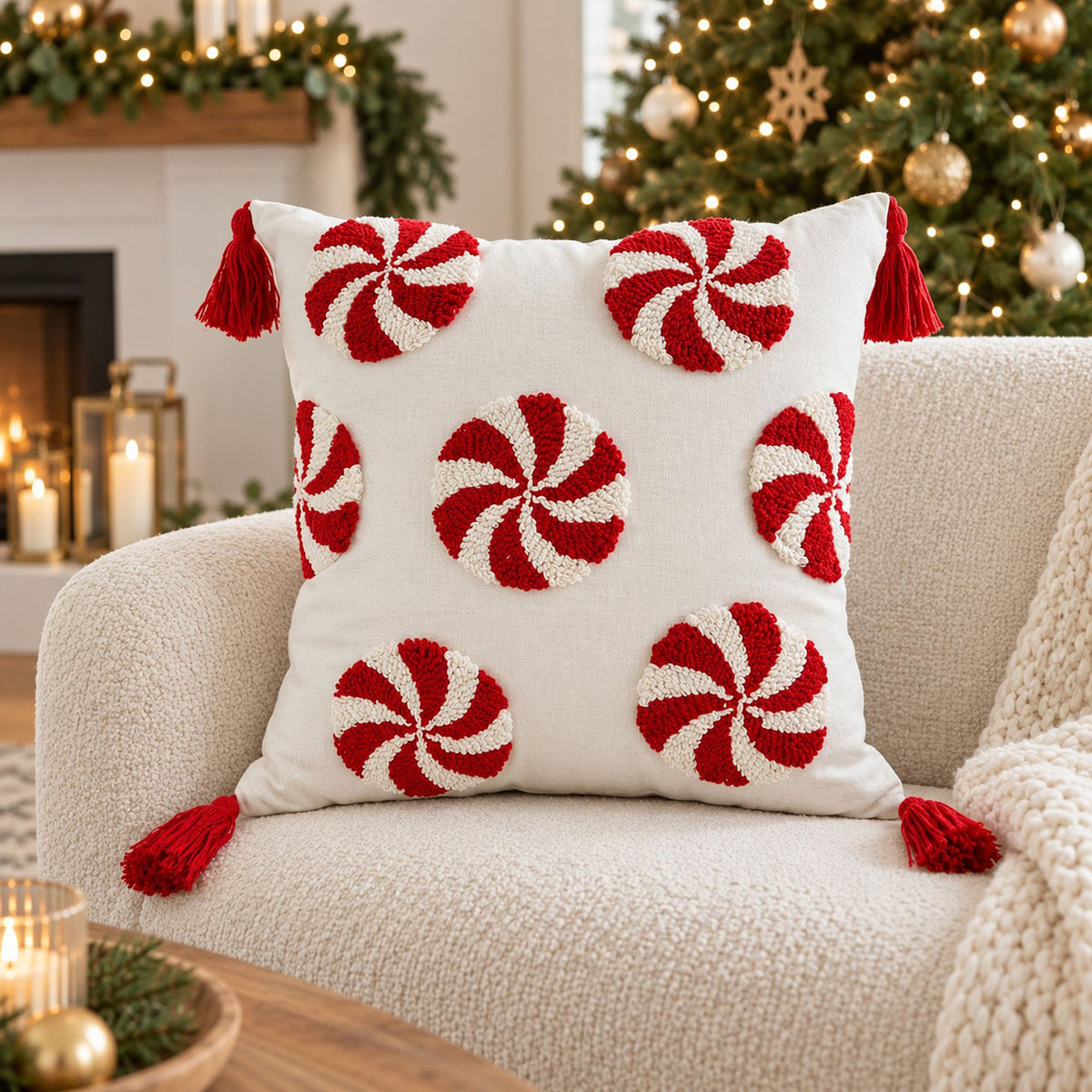 Christmas Peppermint Tufted Tassel Throw Pillow Cover