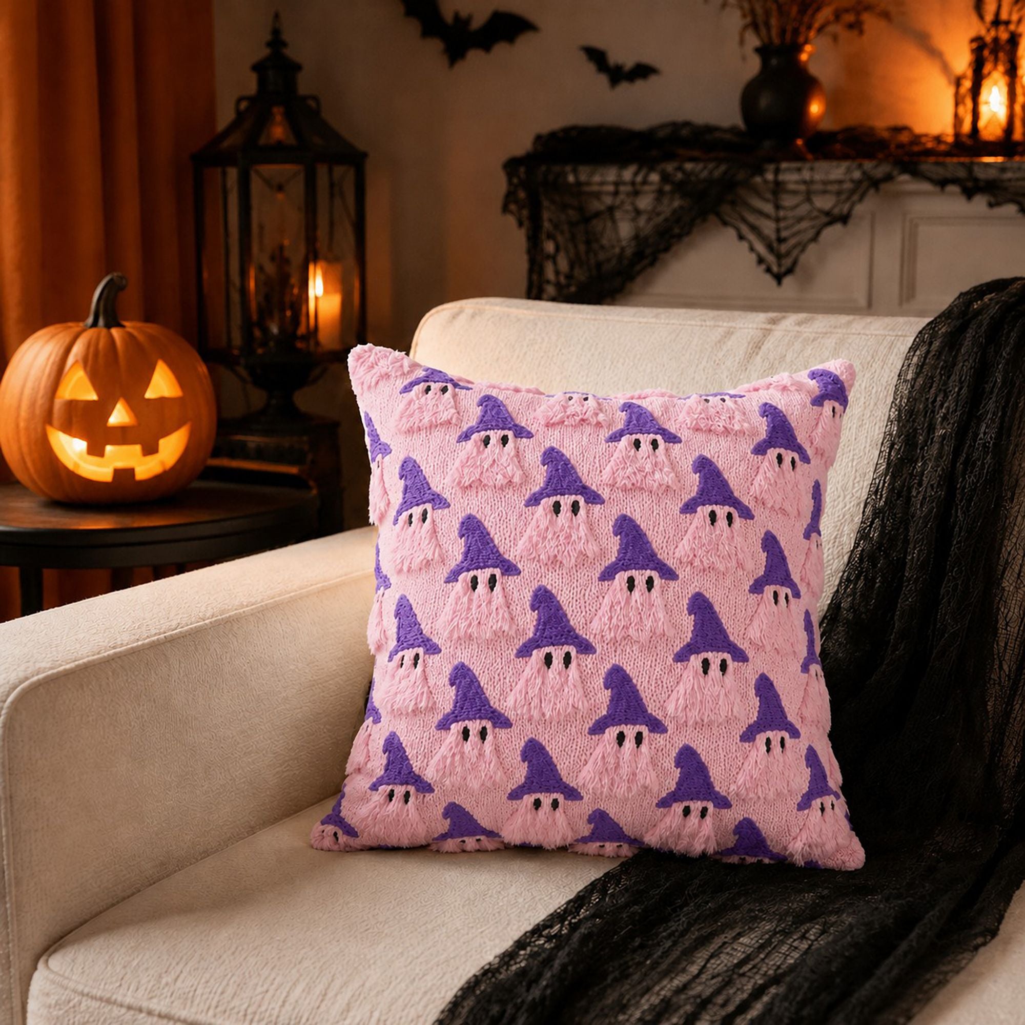 Halloween Tufted Witch Ghost Throw Pillow Cover for Couch Bed and Chair