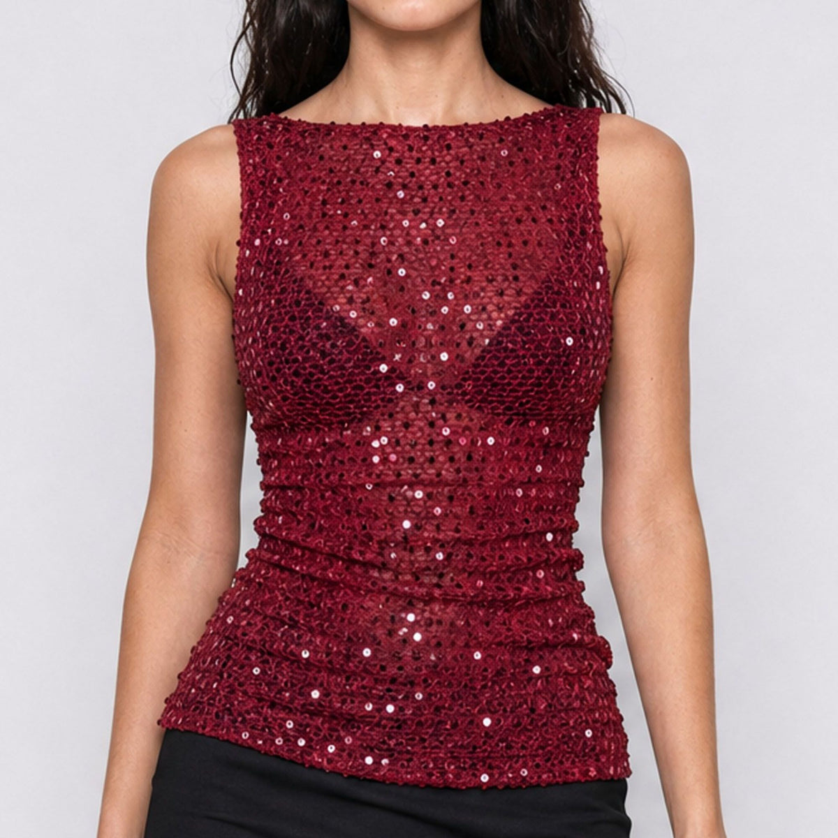 Sequin Sheer Mesh Sleeveless Fitted Top