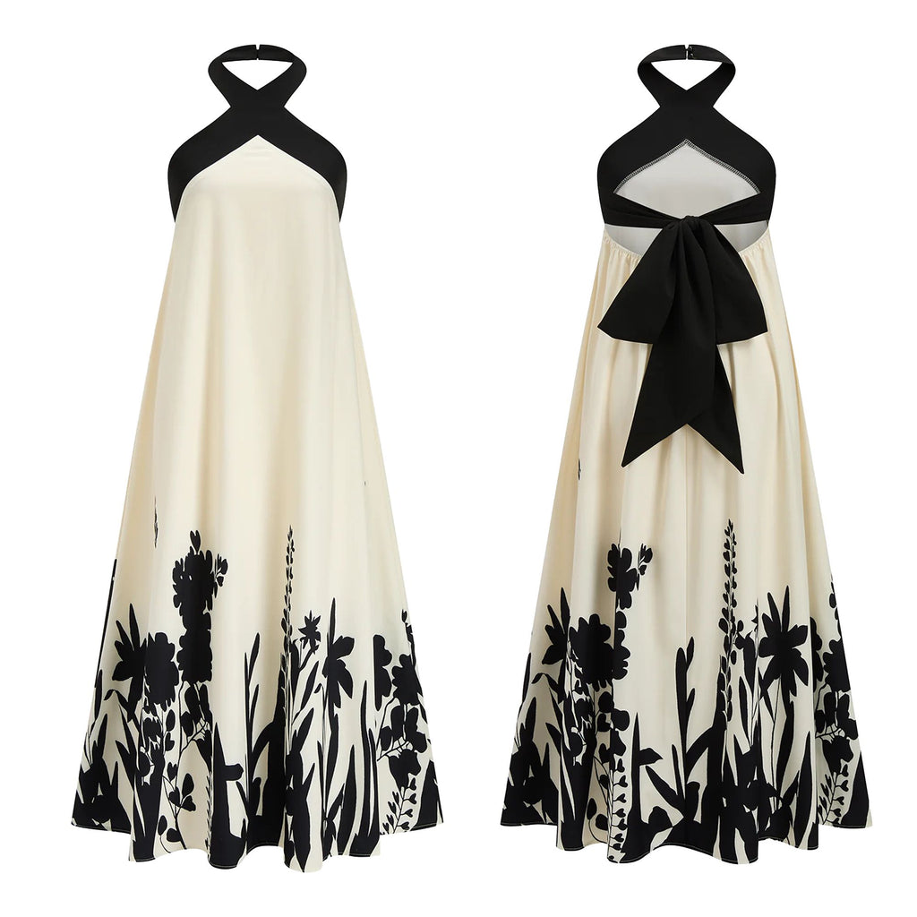 Halter Neck Maxi Dress with Crisscross Straps Open Back Tie Waist Botanical Border Print and A Line Skirt