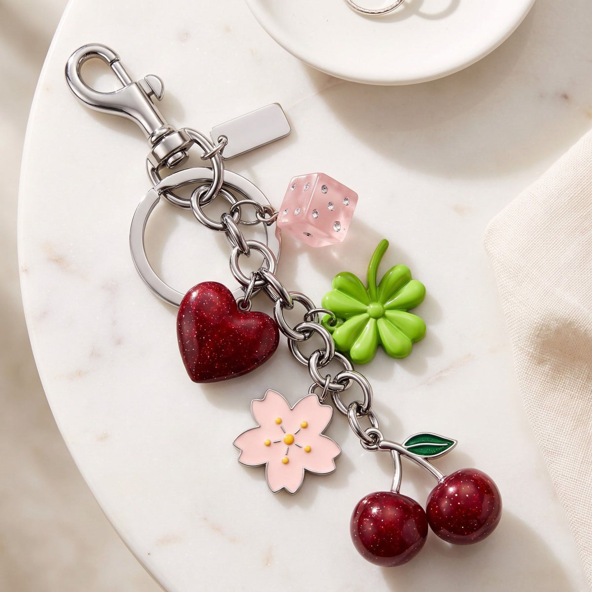 Cherry Clover Flower Bag Charm Keychain with Heart and Dice Pendants
