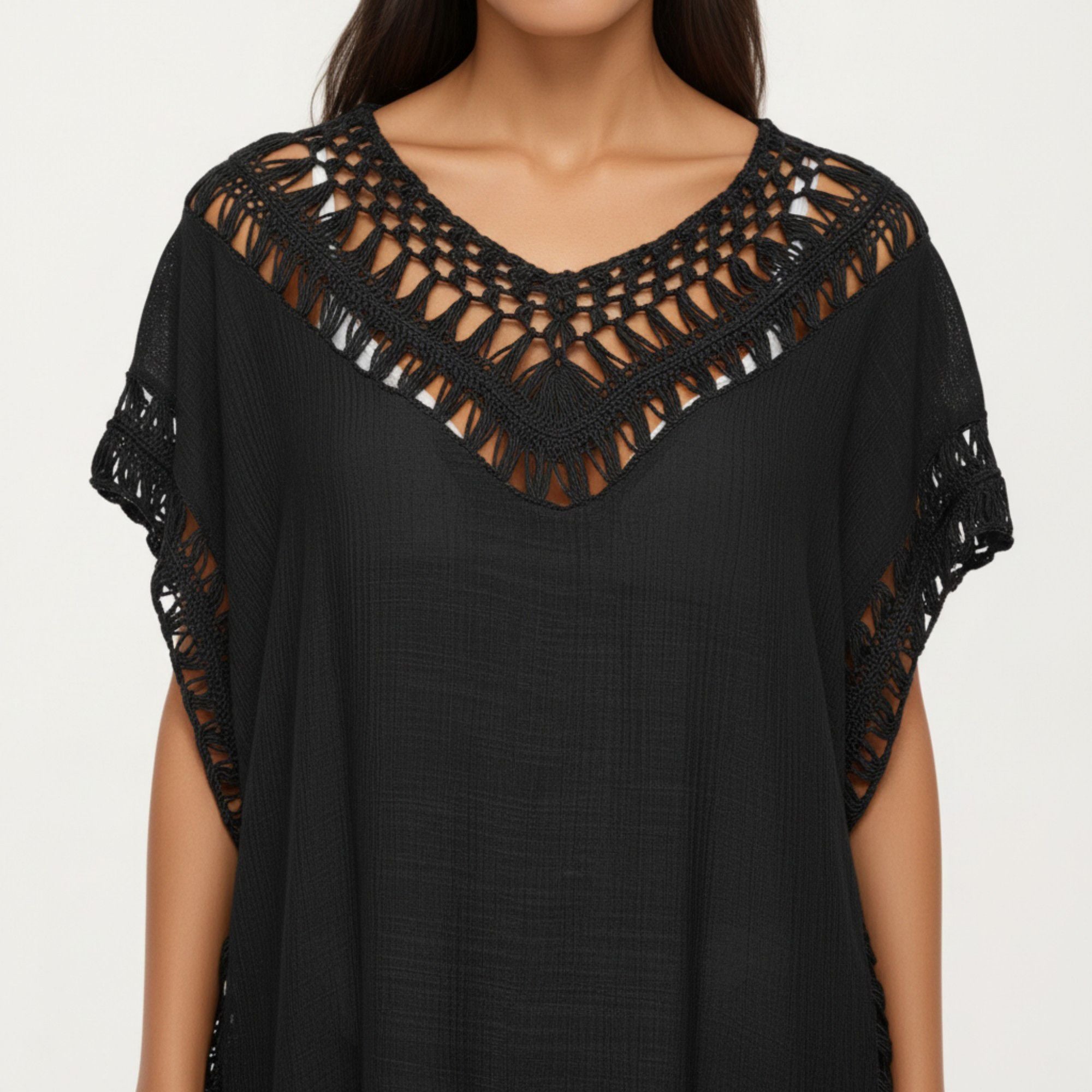 Anna-Kaci Women's Swim Cover Up Dress with Crochet Trim Short Sleeves Relaxed Lightweight Beach Caftan