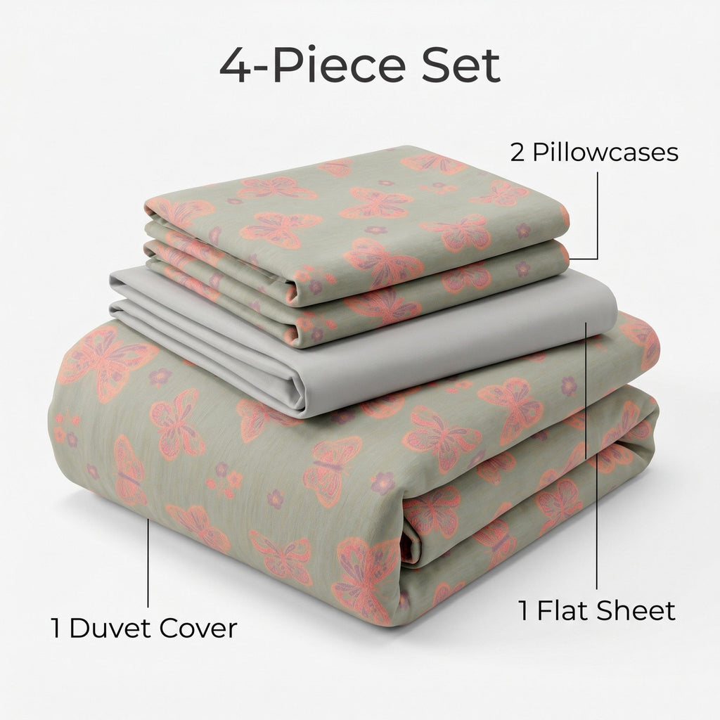 4-Piece Cotton Bedding Set with Butterfly Print Duvet Cover and Pillowcases
