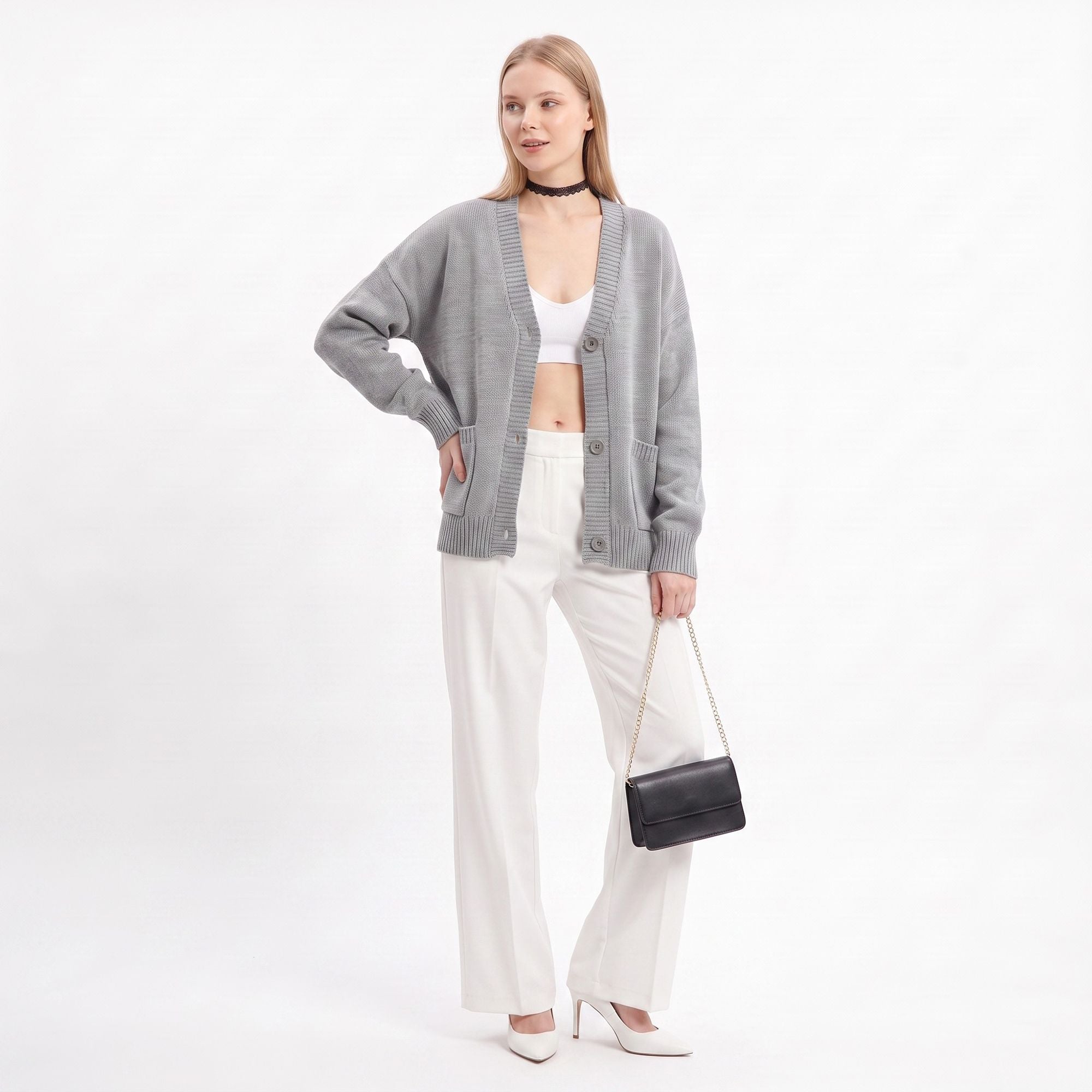 Oversized V Neck Button Front Cardigan with Pockets