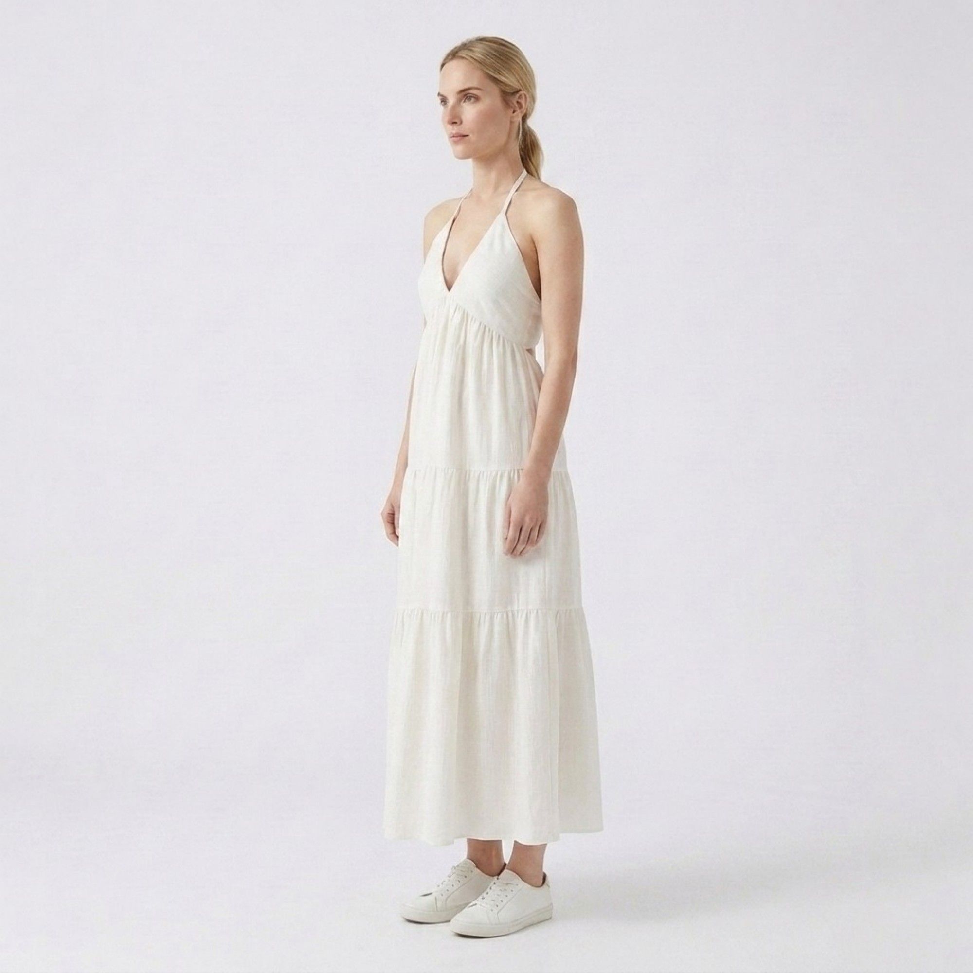 Anna-Kaci Womens Halter Neck Tiered Maxi Dress with Tie Straps Open Back Detail and Flowy A Line Skirt