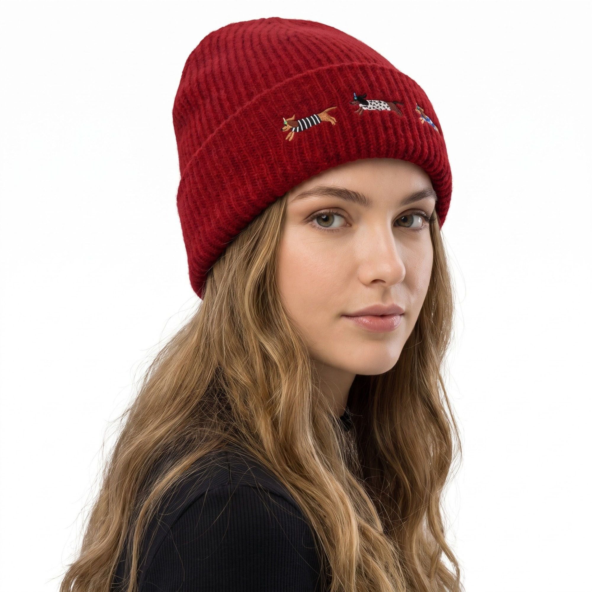 Embroidered Dachshund Knit Beanie Ribbed Cuff Winter Hat