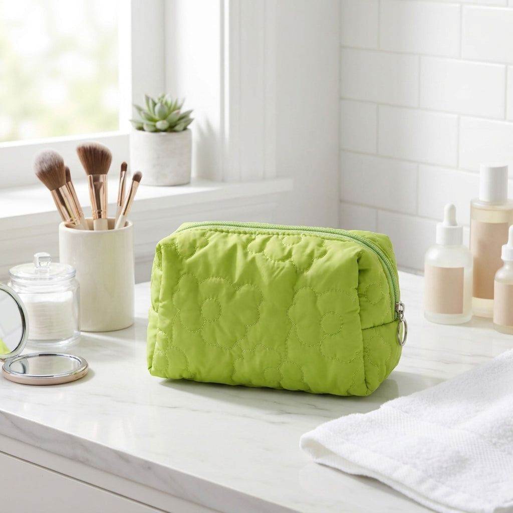 Floral Quilted Makeup Bag Large Capacity Cosmetic Toiletry Travel Pouch with Handle