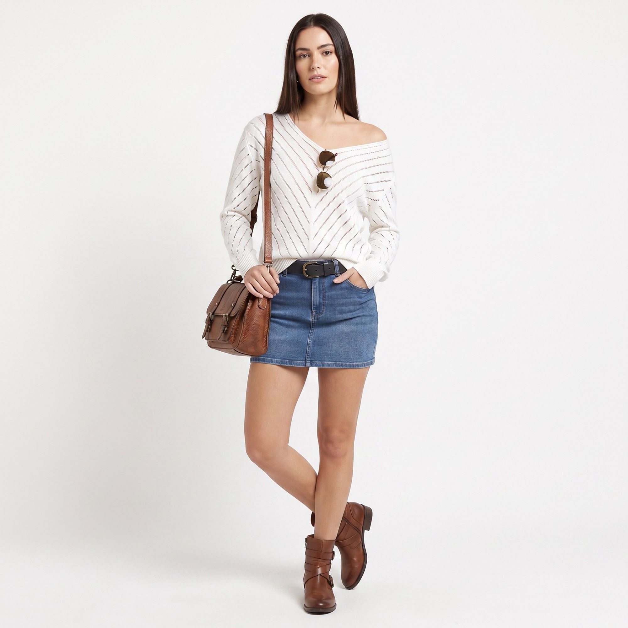 Chevron Pointelle V-Neck Long Sleeve Knit Sweater