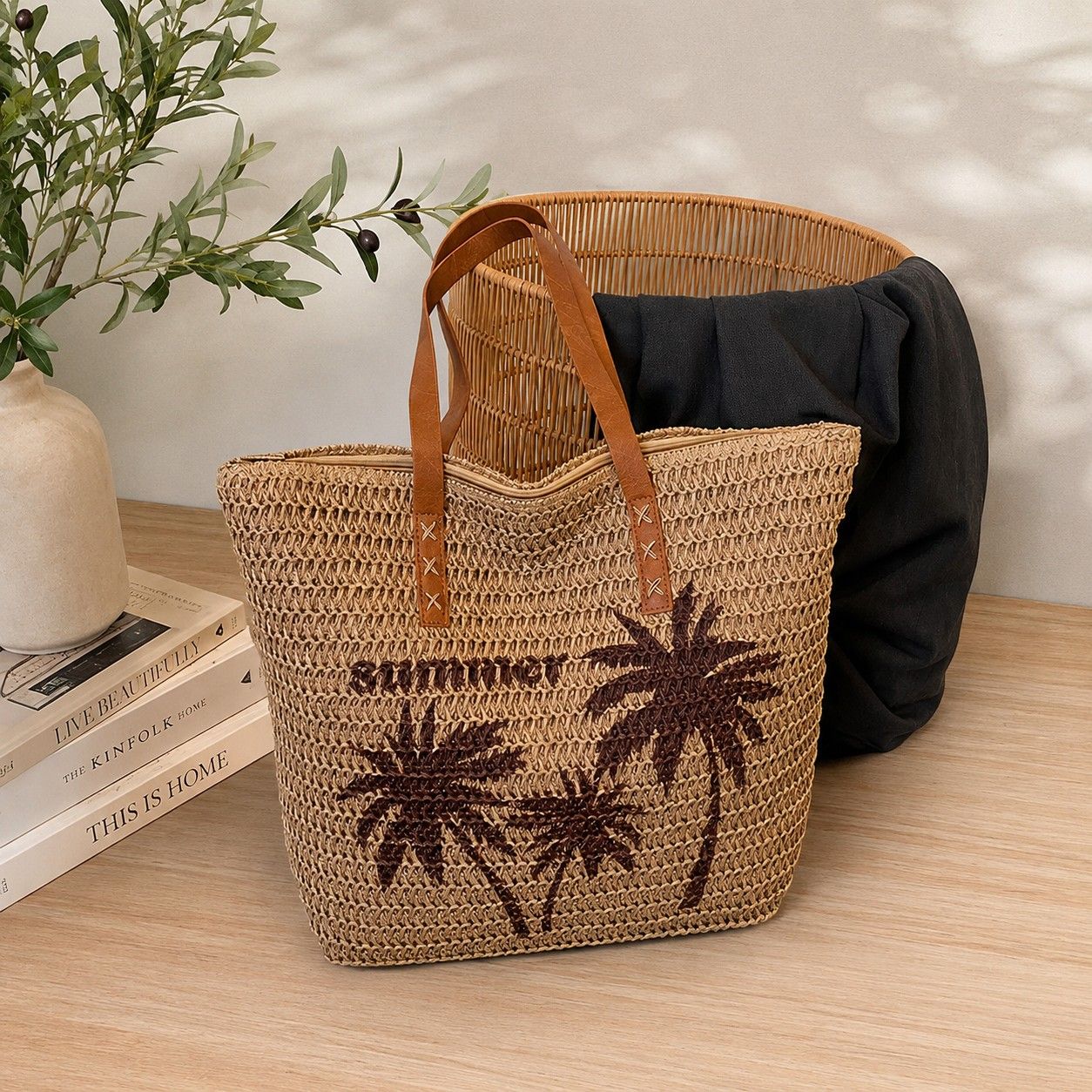 Palm Tree Woven Tote Bag Large Capacity Shoulder Handbag with Faux Leather Handles
