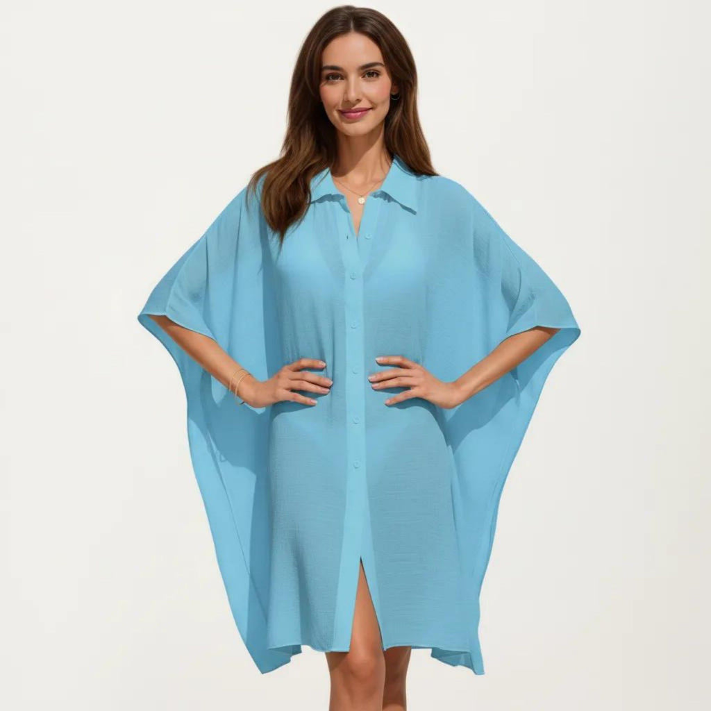 Anna-Kaci Women's Button Front Swim Cover Up Shirt Dress Loose Lightweight Beach Kaftan