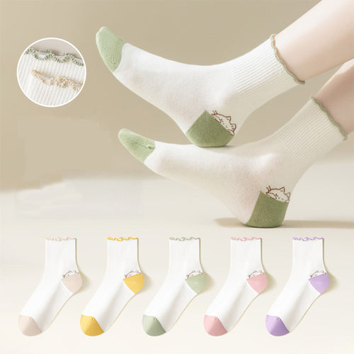 Anna-Kaci 4 Pairs Mid-Crew Ruffle Trim Socks with Contrast Toe Heel and Cat Embroidery Design
