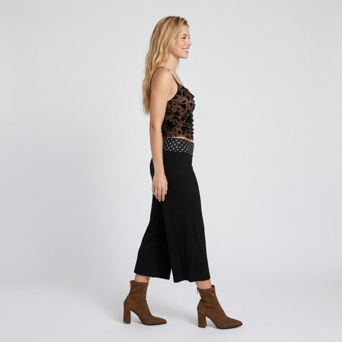 Polka Dot Contrast Waistband Cropped Wide-Leg Trousers