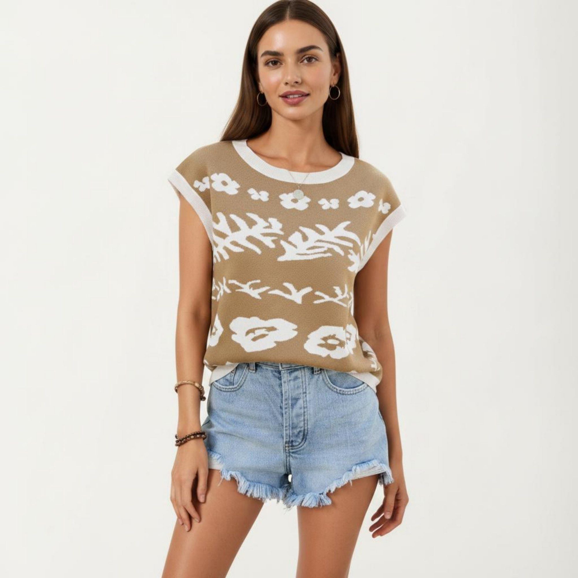 Anna-Kaci Women's Sleeveless Floral Knit Vest Top with Crew Neck and Contrast Trim