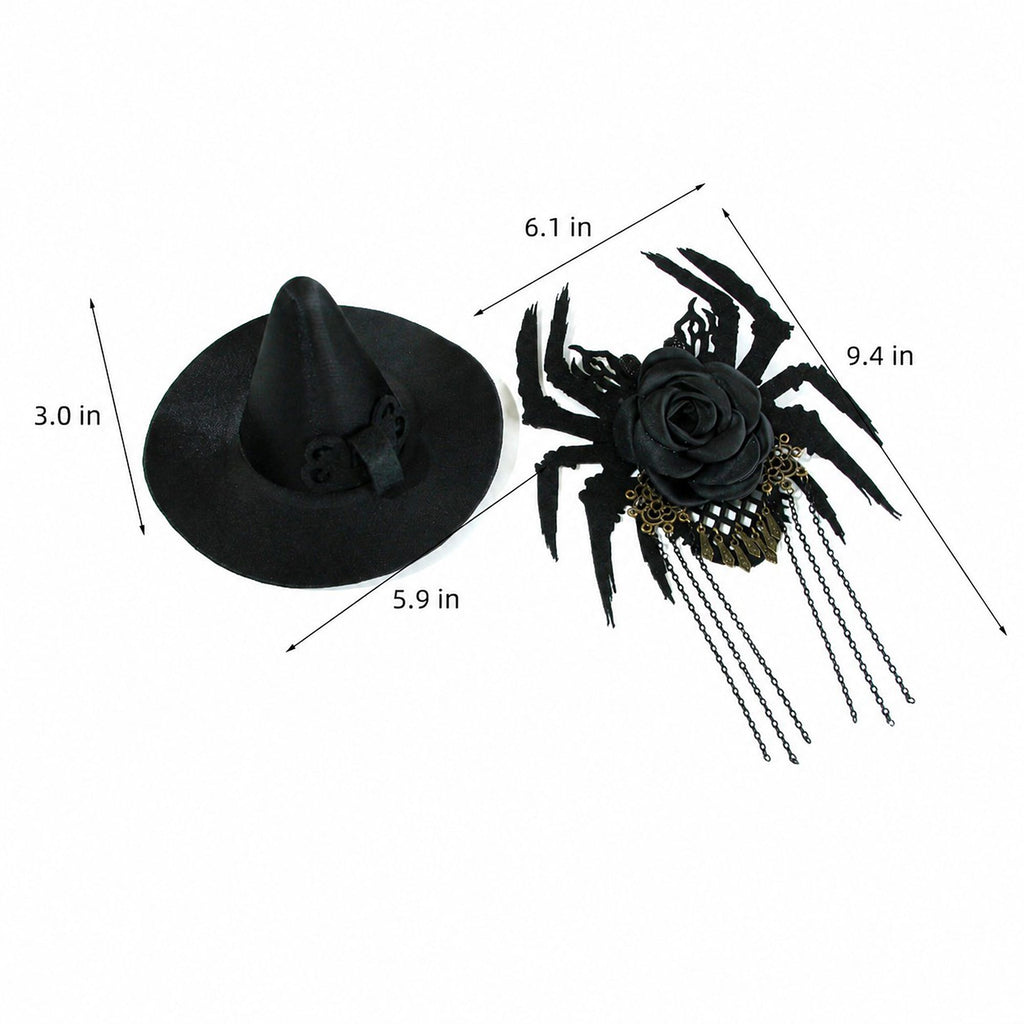 Halloween Mini Witch Hat Hair Clip with Spider Rose and Chains