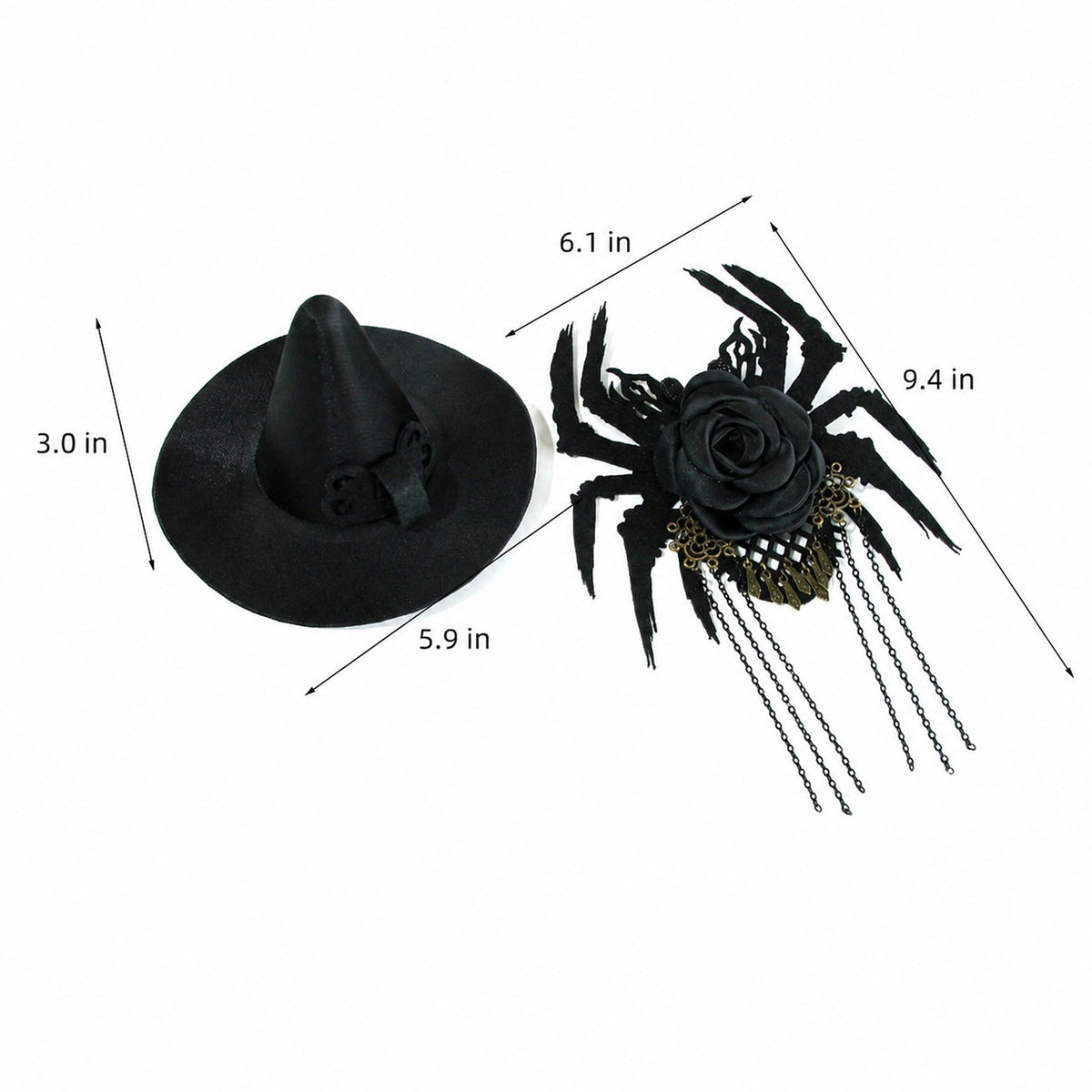 Halloween Mini Witch Hat Hair Clip with Spider Rose and Chains