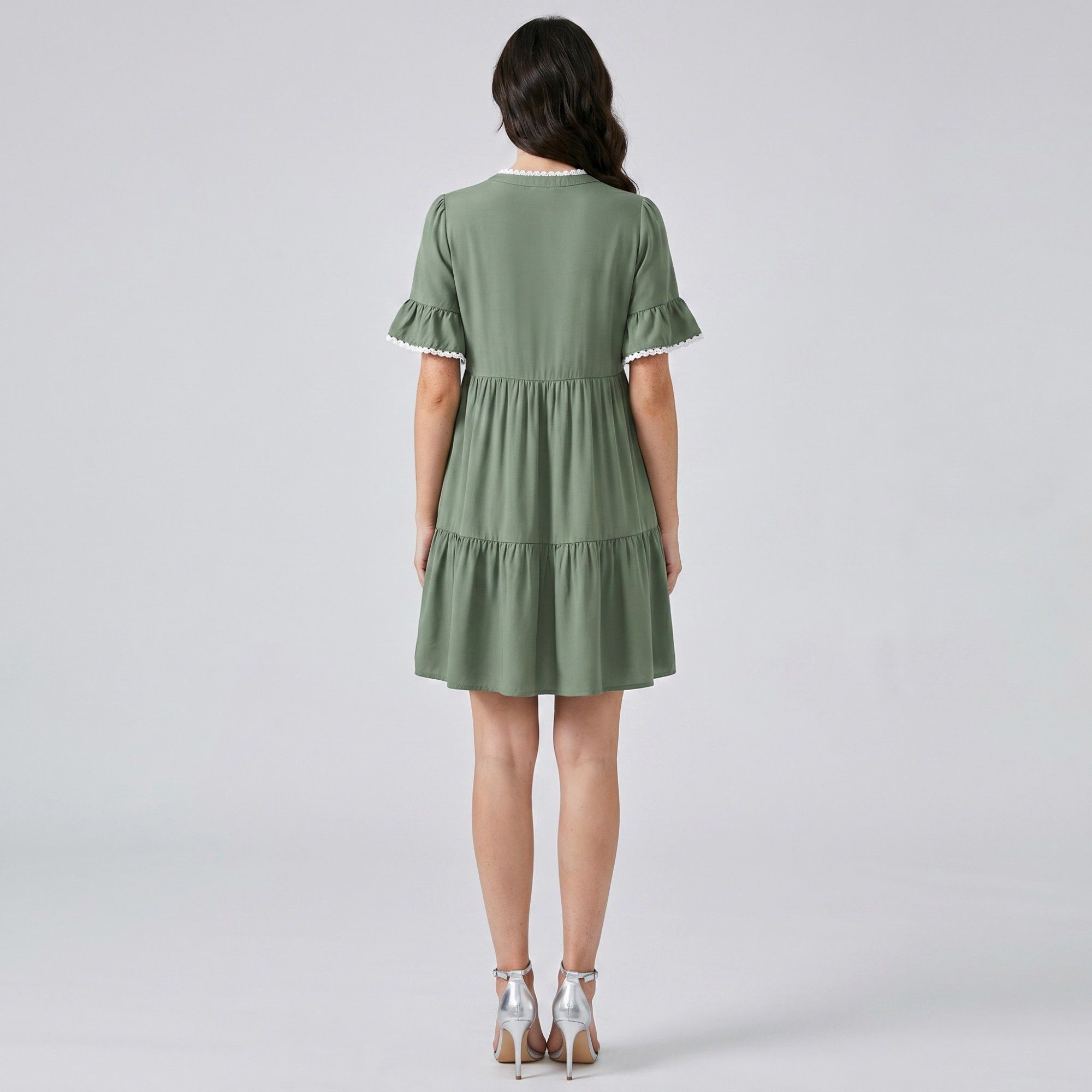 Lace Trim V-Neck Flutter Sleeve Tiered Mini Dress with Gathered Waist and Flowy Relaxed Silhouette