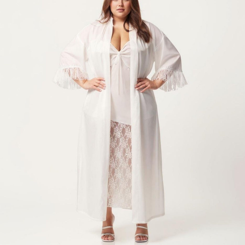 Anna-Kaci Lounge Women's Plus Size Long Sheer Lace Panel Robe Open Front Lightweight Sleepwear
