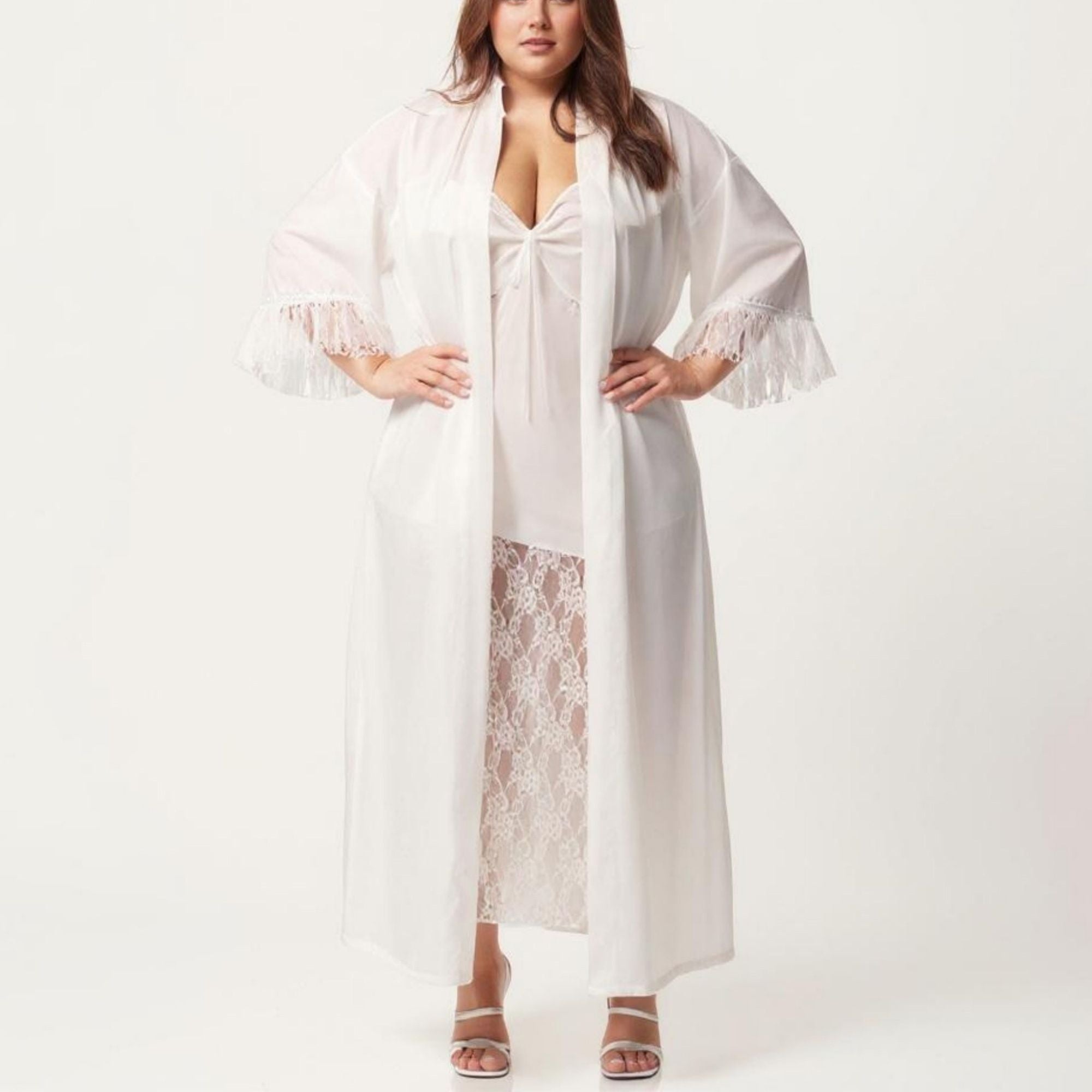 Anna-Kaci Lounge Women's Plus Size Long Sheer Lace Panel Robe Open Front Lightweight Sleepwear