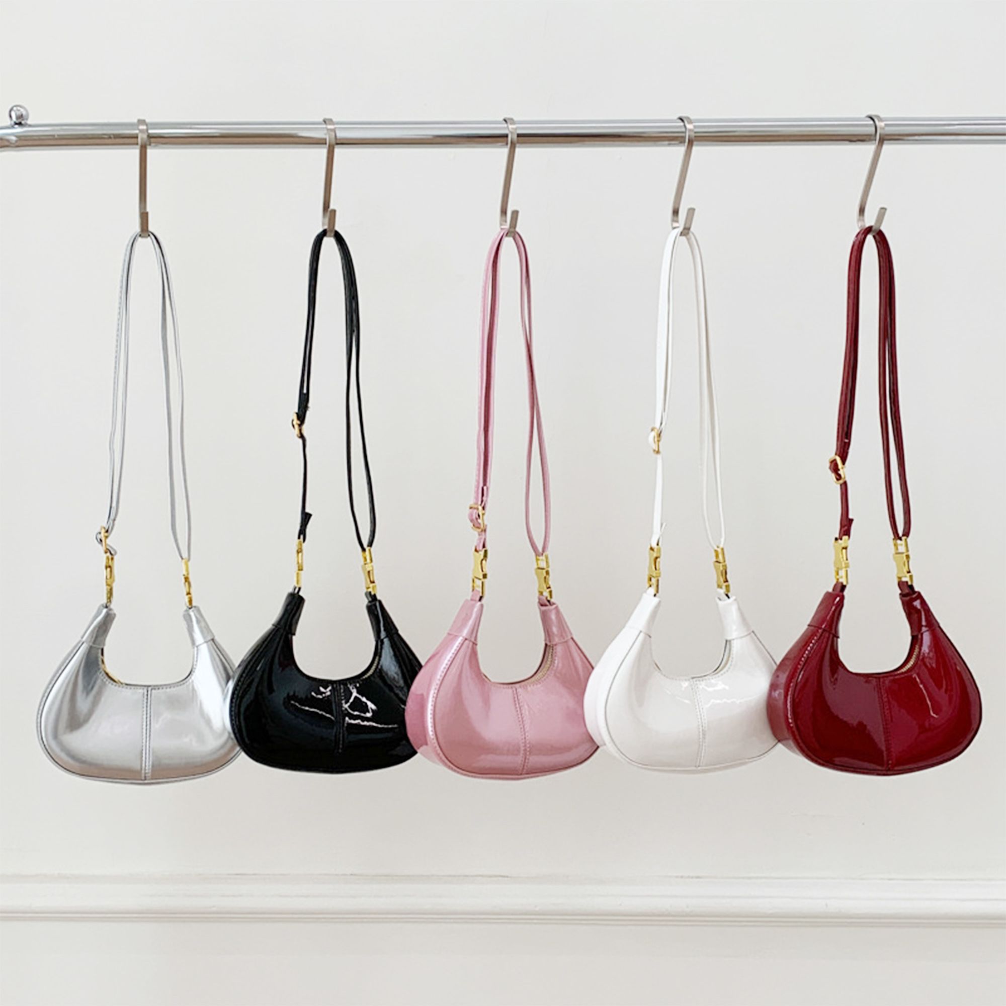 Glossy PU Mini Hobo Shoulder Bag with Adjustable Strap