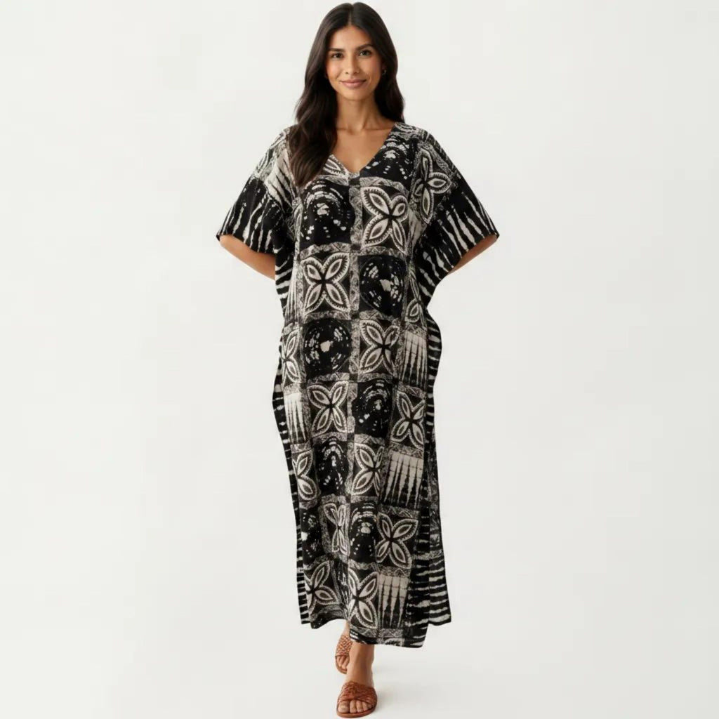 Anna-Kaci Women's Geometric Print Maxi Caftan Dress with V-Neckline Relaxed Fit and Draped Silhouette