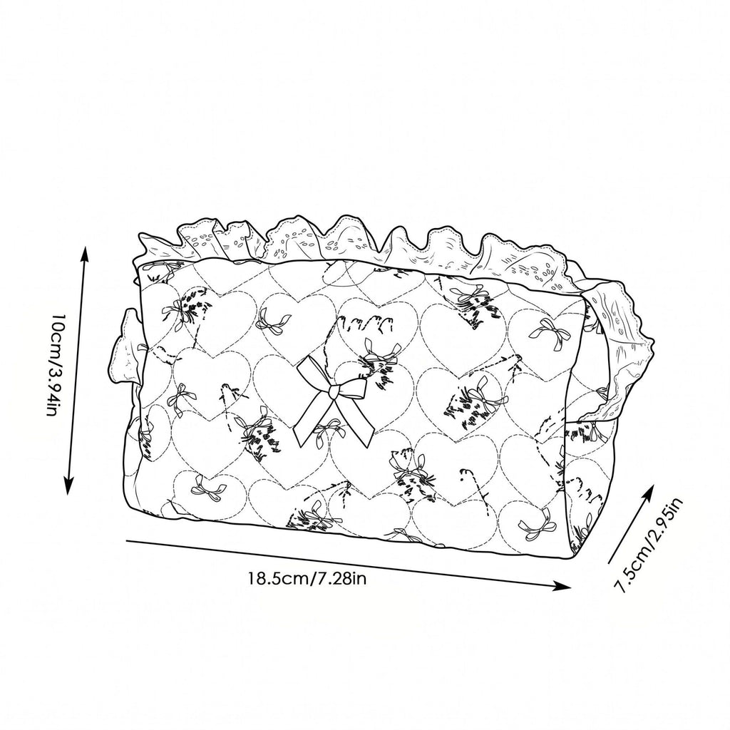 Womens Quilted Ruffle Makeup Bag with Blue Print Cosmetic Pouch