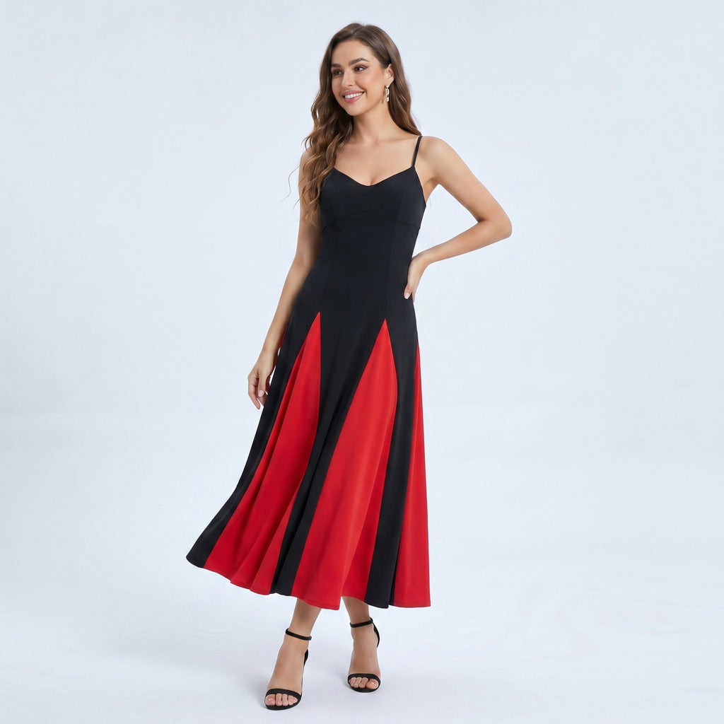 Anna-Kaci Women's Spaghetti Strap Colorblock Fit and Flare Midi Dress