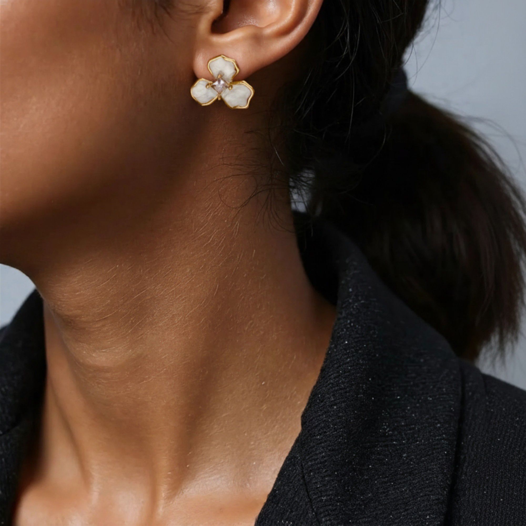 Women's Floral Stud Earrings with Gold Trim, Iridescent Petal Details and Sparkling Center Gemstone Accents for Elegant Style