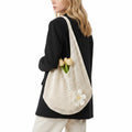Woven Crochet Hobo Shoulder Bag Lightweight Knit Slouchy Tote with Flower Detail