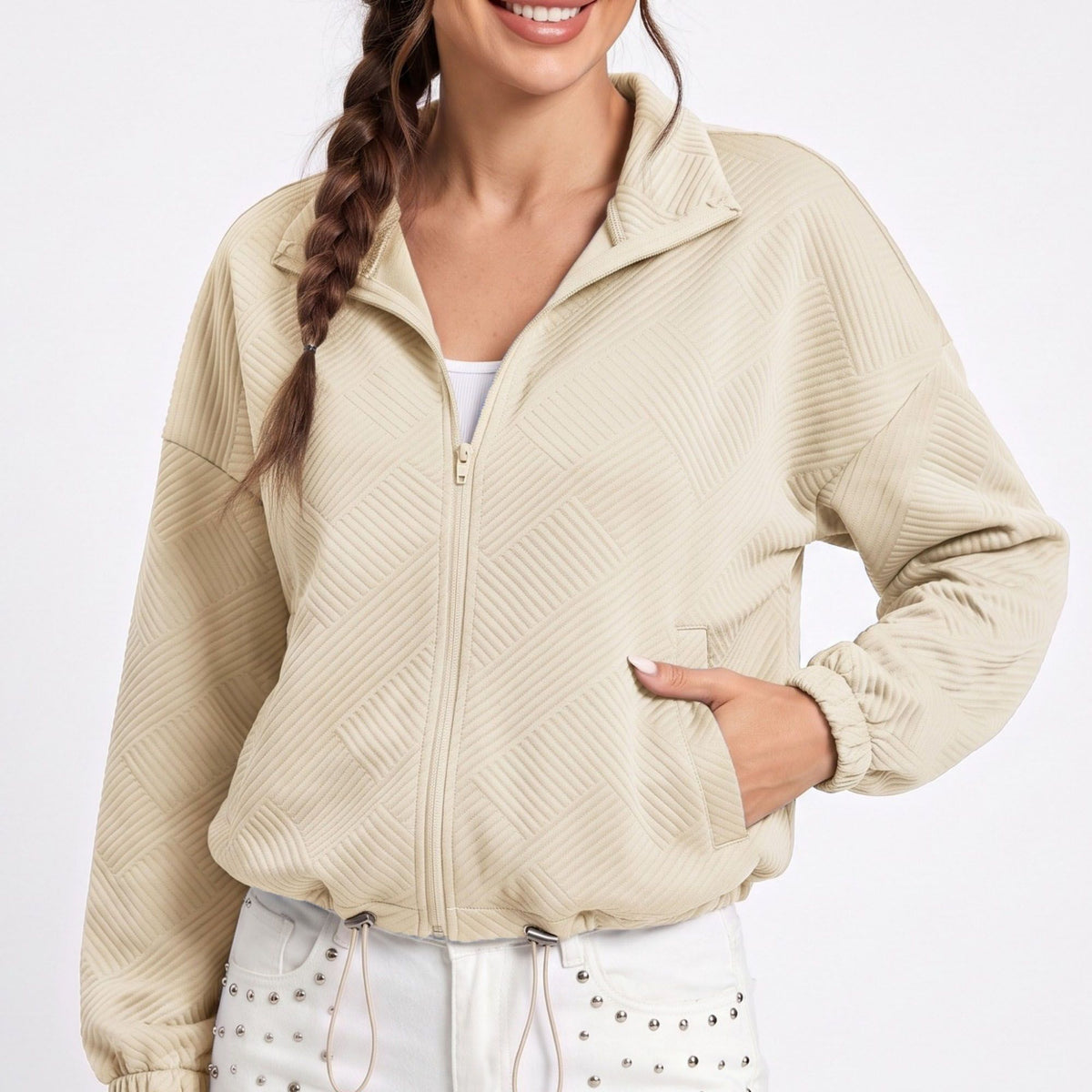 Quilted Full Zip Jacket with Collared Neckline