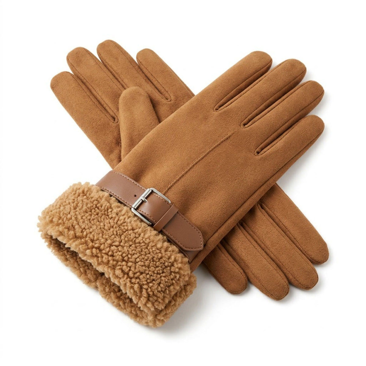 Faux Suede Gloves with Plush Faux Fur Cuffs and Buckle Detail