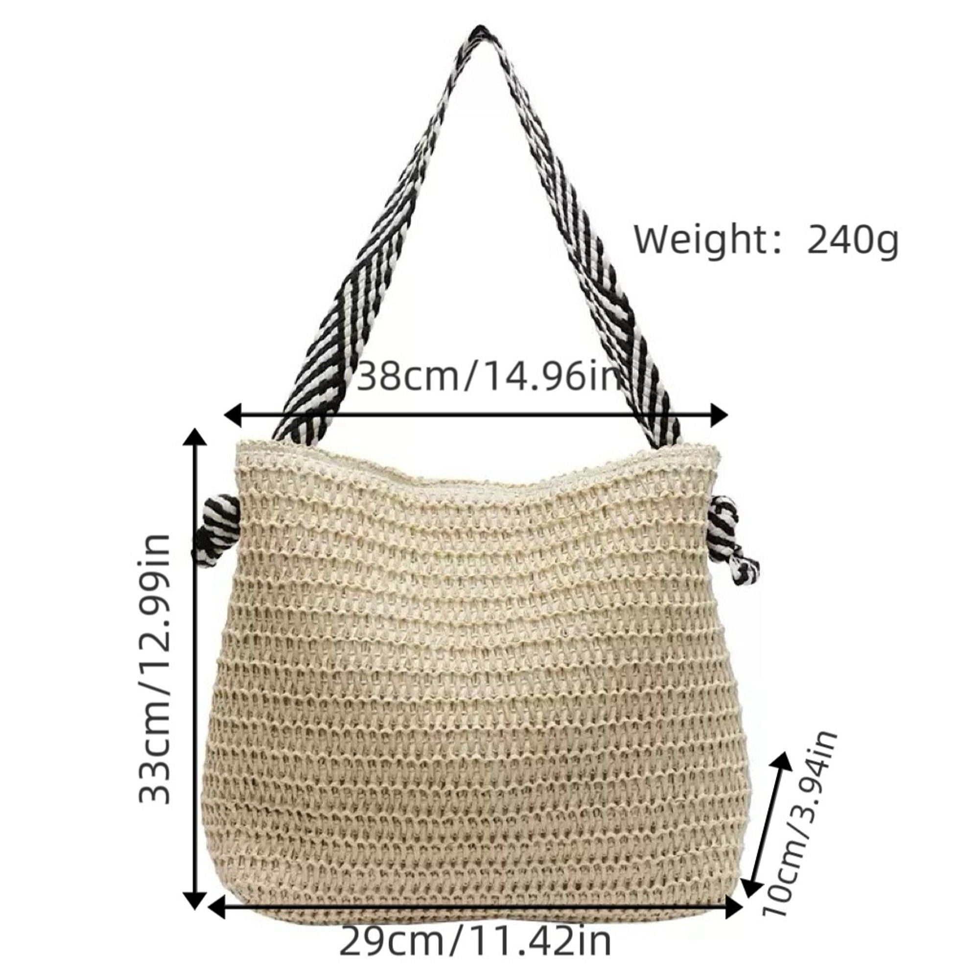 Woven Crochet Tote Bag with Drawstring Detail and Pattern Strap Shoulder Handbag Lightweight Knit Bag
