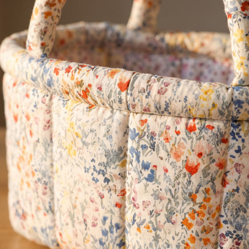 Quilted Floral Storage Basket with Handles for Home Organization