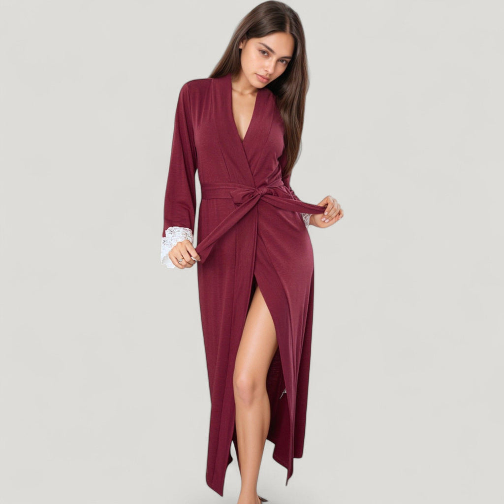 Anna-Kaci Lounge Women's Long Wrap Robe with Waist Tie and Contrast Lace Trim Sleeves