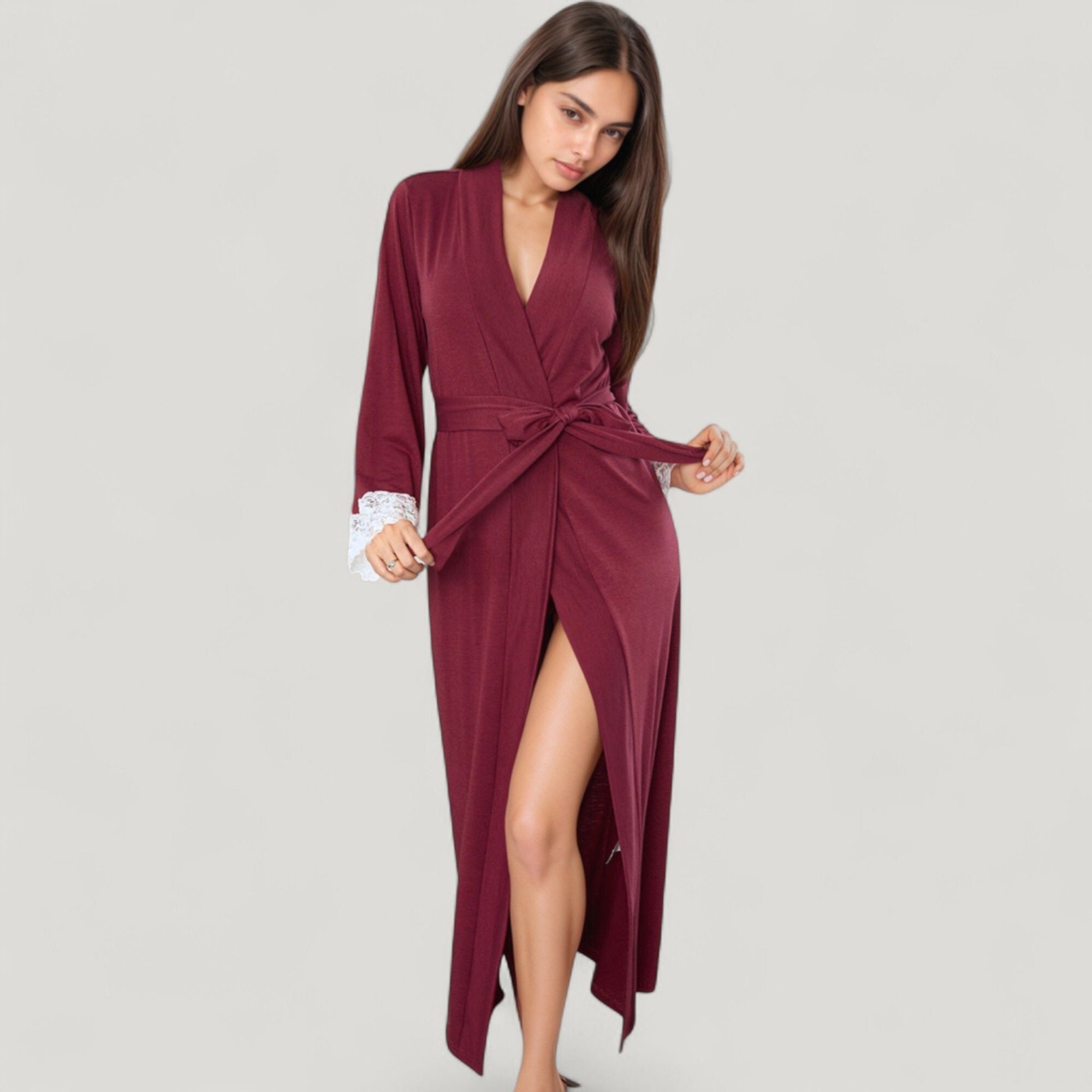 Anna-Kaci Lounge Women's Long Wrap Robe with Waist Tie and Contrast Lace Trim Sleeves