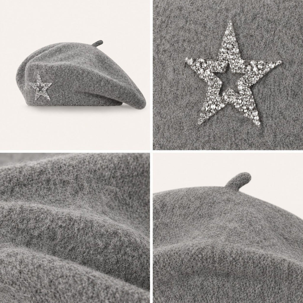 Rhinestone Star Embellished Knit Wool Beret