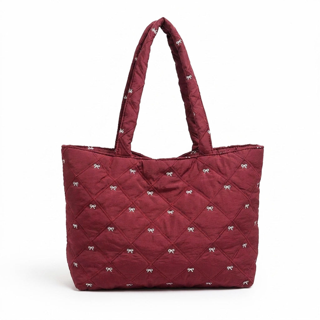 Quilted Tote Bag Large Capacity Shoulder Bag with Bow Embroidery and Magnetic Closure
