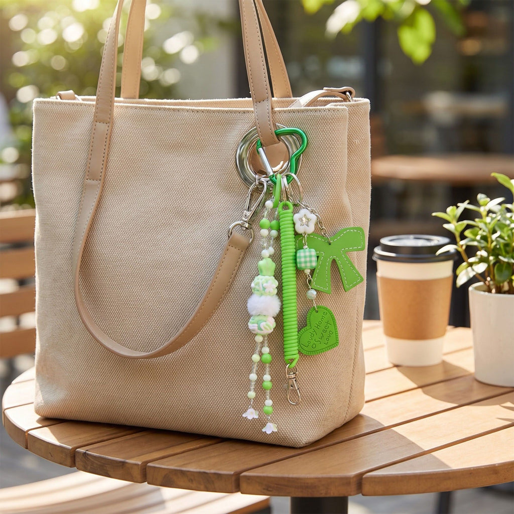 Multi-Element Bag Charm with Hanging Strap and Decorative Accents