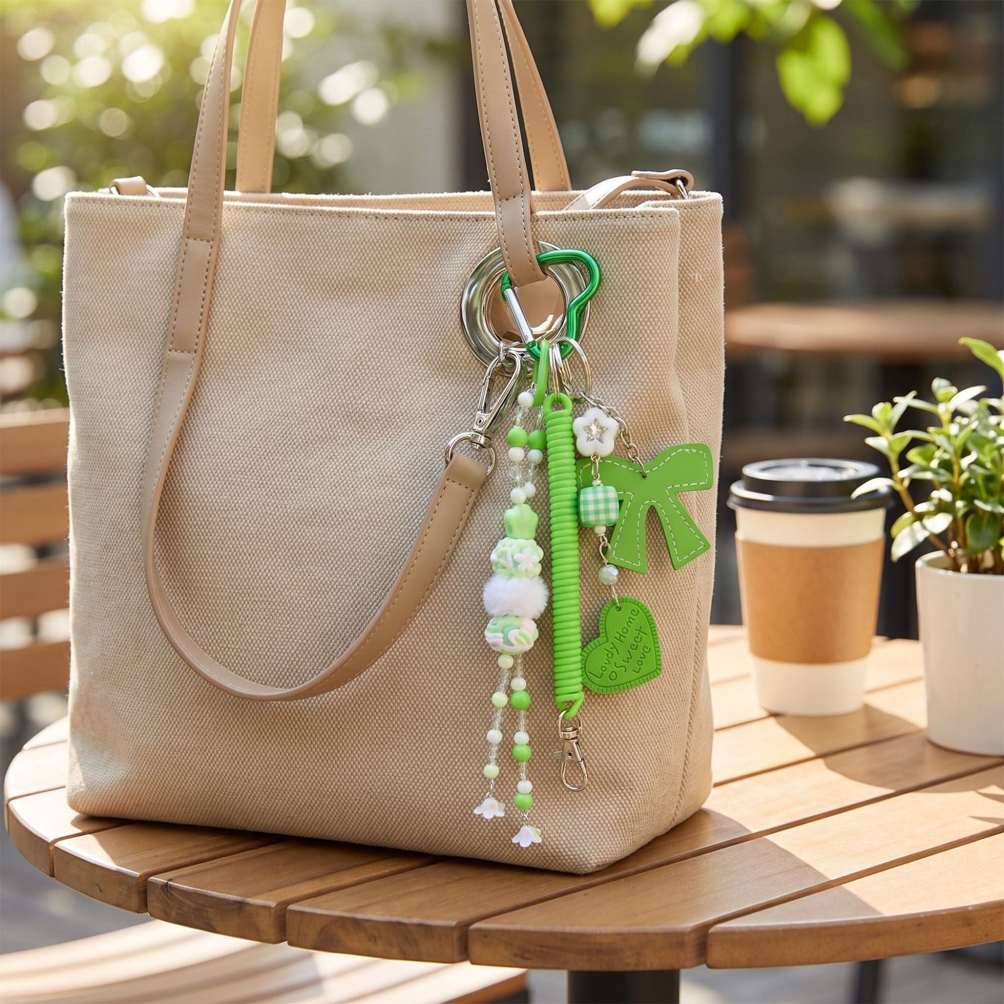 Multi-Element Bag Charm with Hanging Strap and Decorative Accents