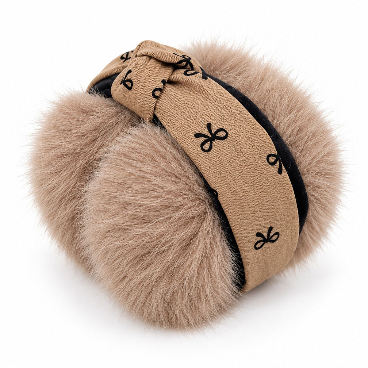Plush Foldable Winter Earmuffs with Bow Print Knotted Headband