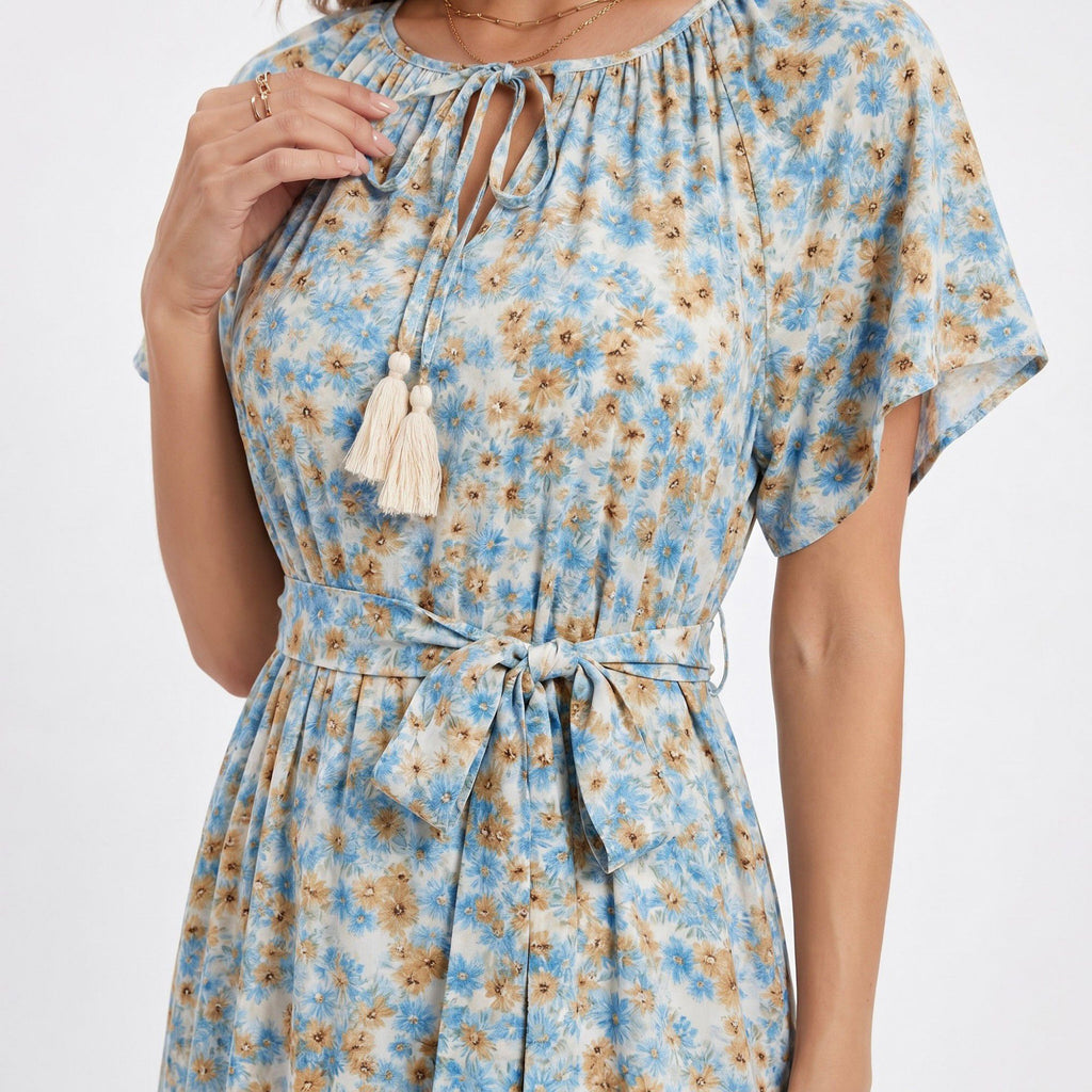 Floral Print Midi Dress with Tie Neck Short Flutter Sleeves Belted Waist and Tiered Hem