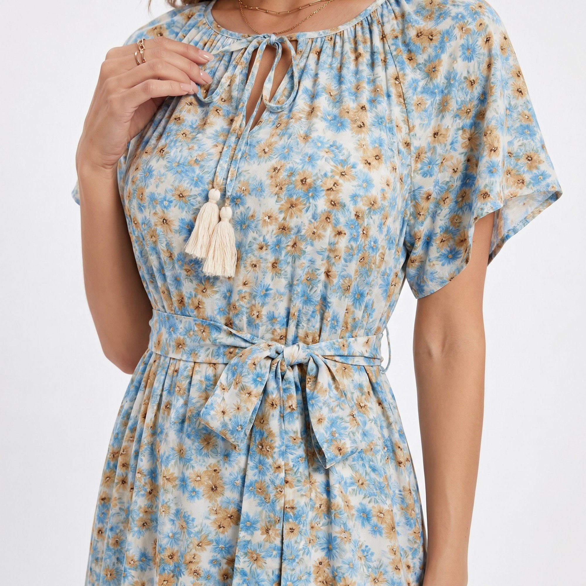 Floral Print Midi Dress with Tie Neck Short Flutter Sleeves Belted Waist and Tiered Hem