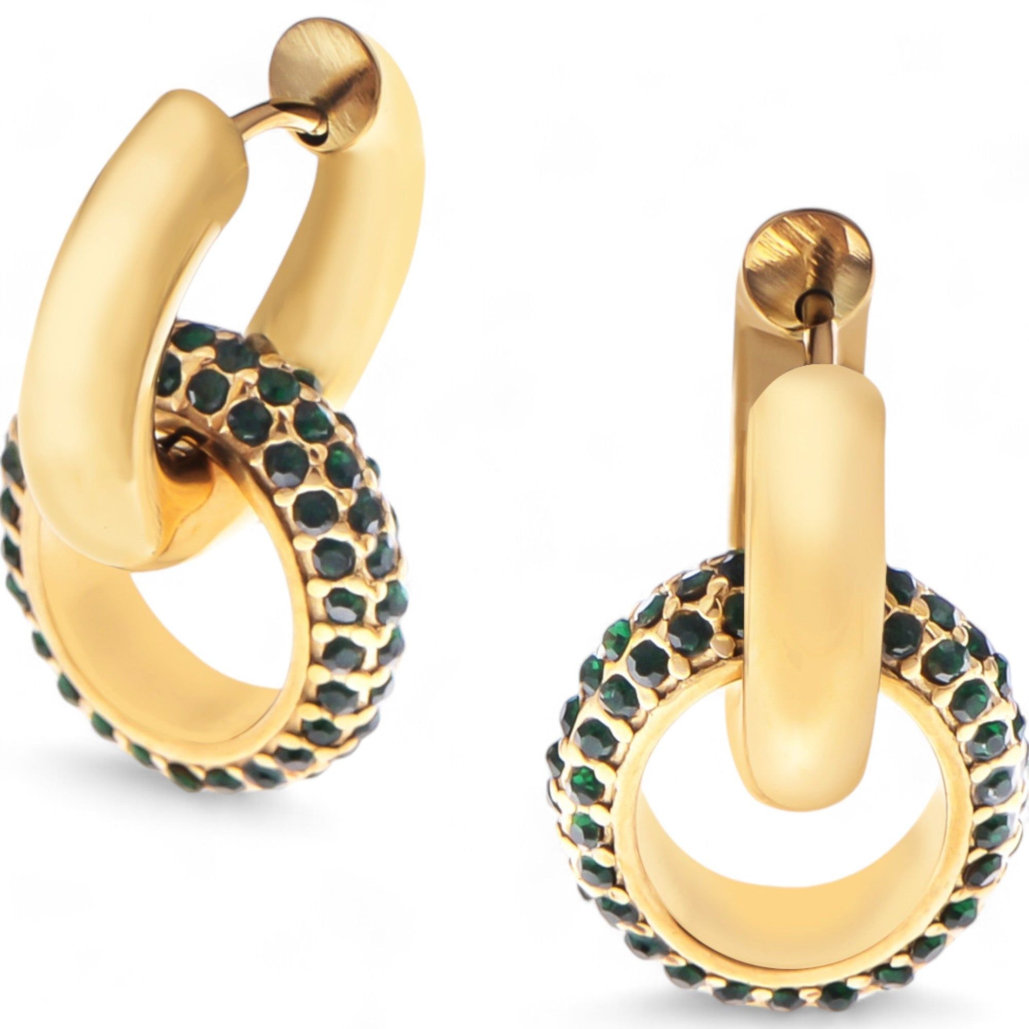 Women's Gold Tone Hoop Earrings with Emerald Green Crystal Encrusted Accent Fashion Ring