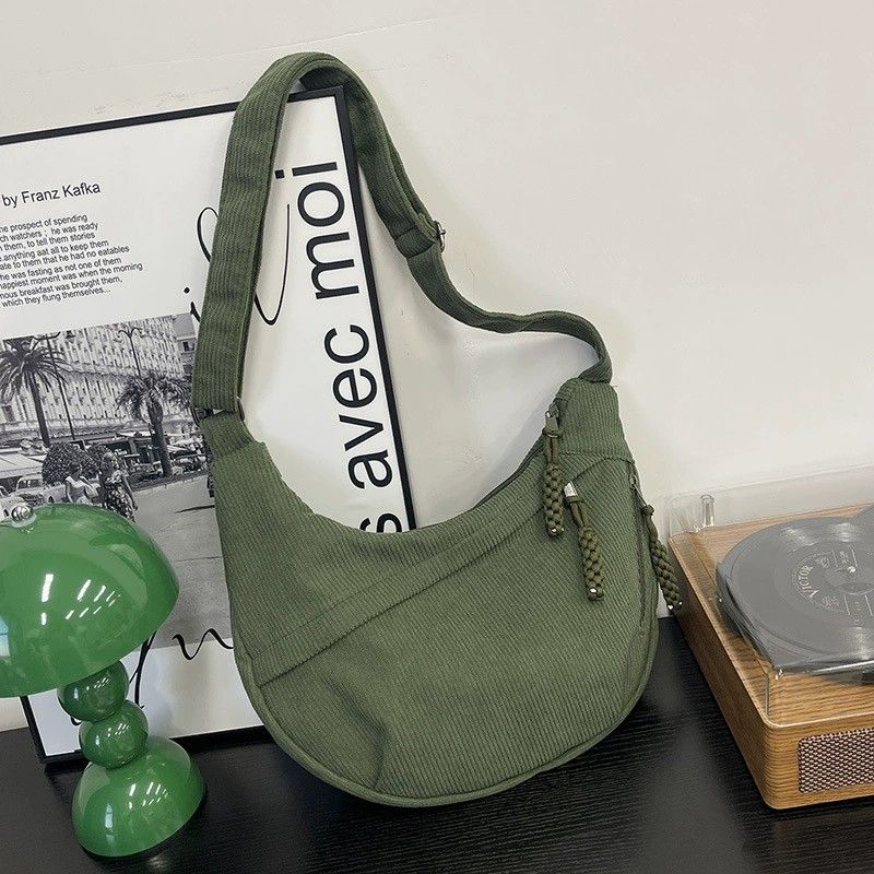 Corduroy Crescent Crossbody Bag with Adjustable Strap and Zip Pockets