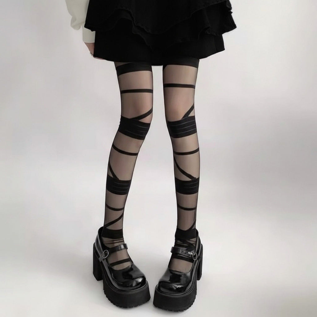 Anna-Kaci Women's Sheer Tights with Wrapped Ribbon Illusion and Gothic Layered Design