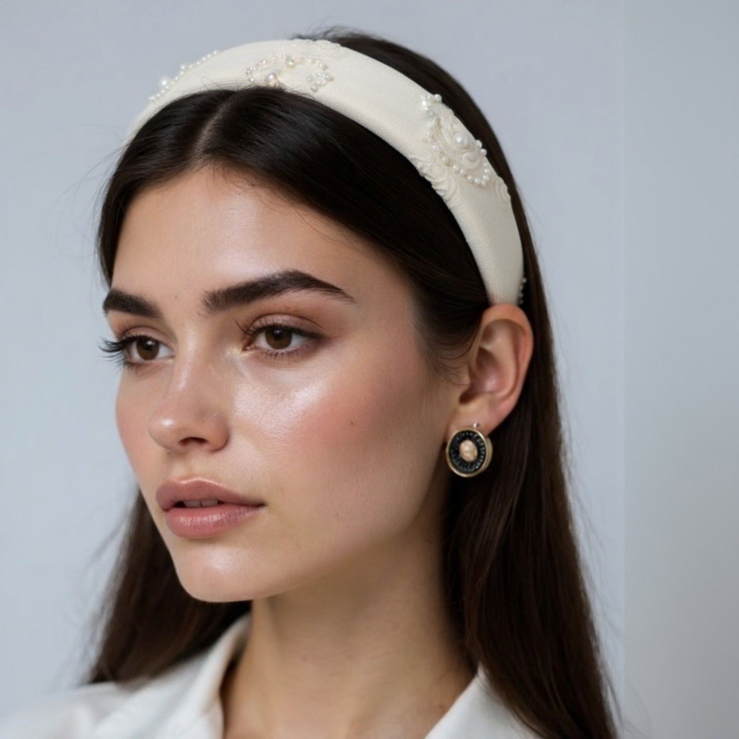 Anna-Kaci 2pcs Women's Padded Satin Fashion Headband with Pearl Design and Crystal Bead Embellishments 6.3x4.7x1.2in